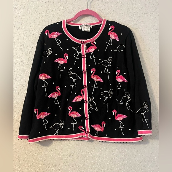 Black and Pink Flamingo Cardigan Sweater - Picture 1 of 10